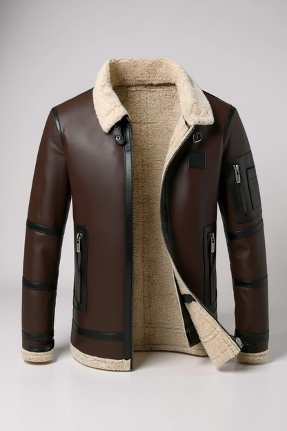 Brown leather jacket with beige shearling lining on a light gray background