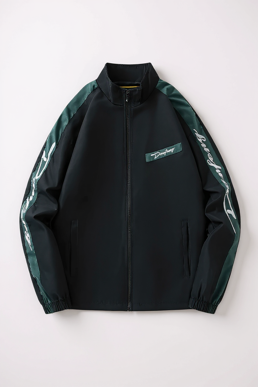 Black jacket with green accents and branding on a white background