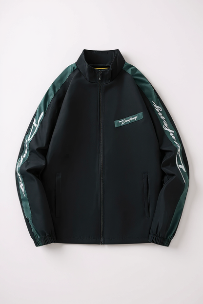 Black jacket with green accents and branding on a white background
