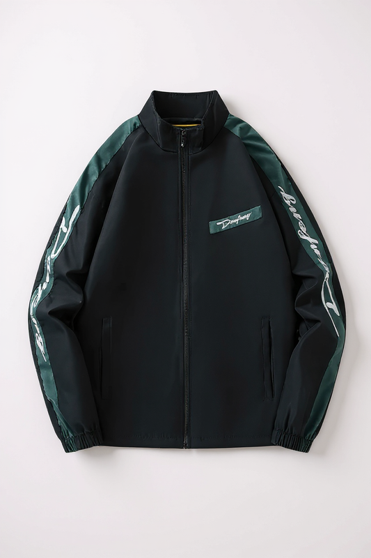 Black jacket with green accents and branding on a white background