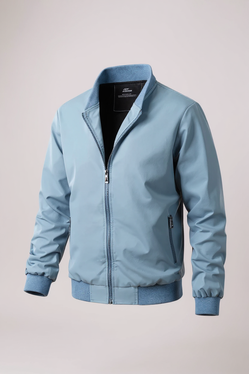 Light blue bomber jacket on a light gray background