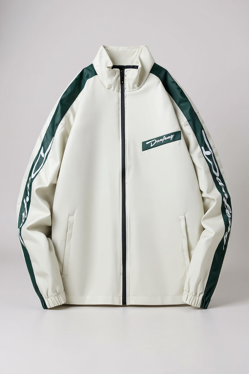 White jacket with green accents and a brand logo on a light gray background
