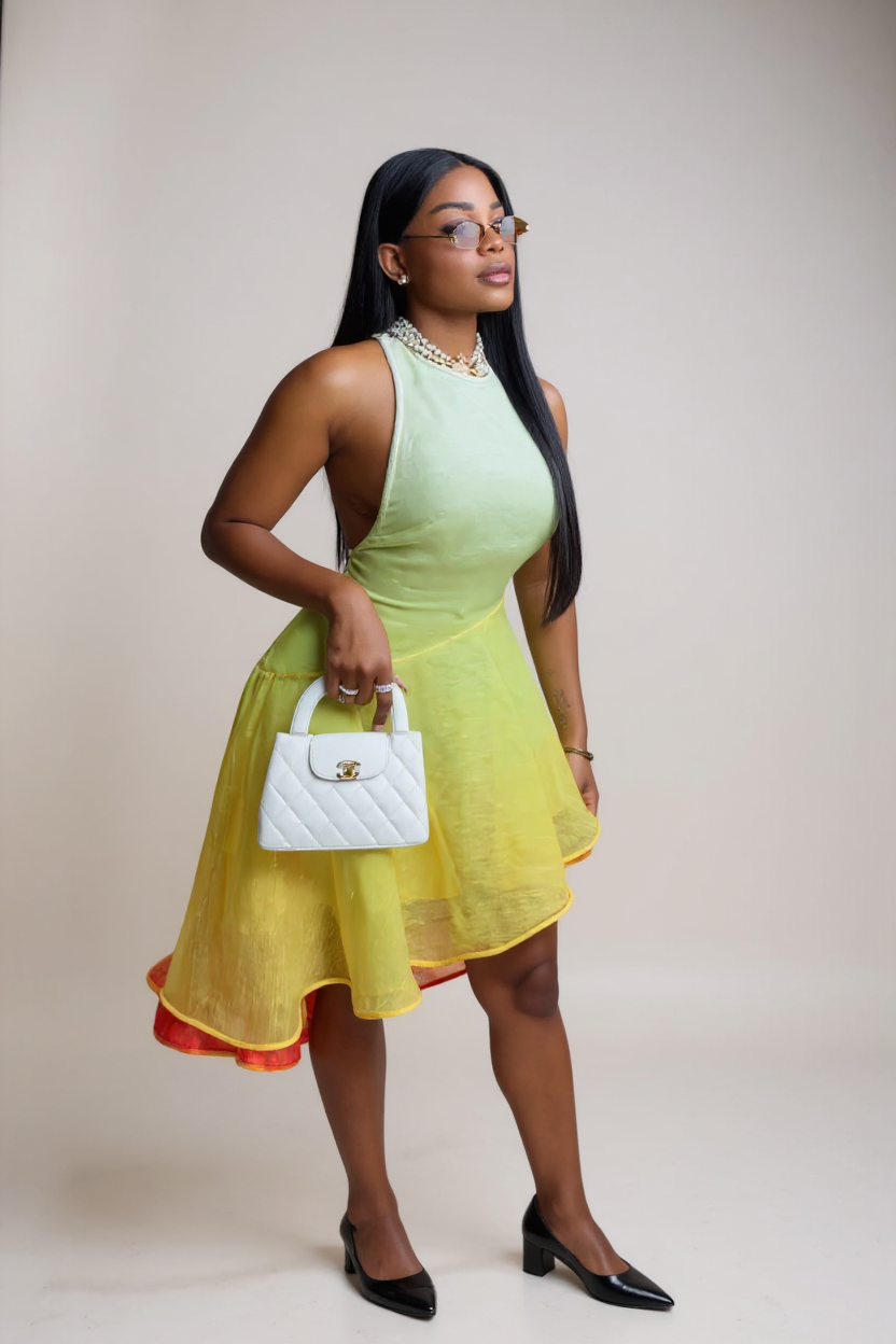 Woman wearing a light green dress with a yellow overlay, holding a white handbag.