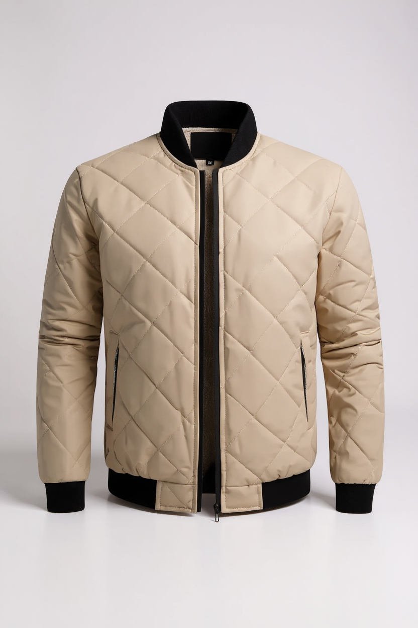 Beige quilted jacket with black accents on a white background