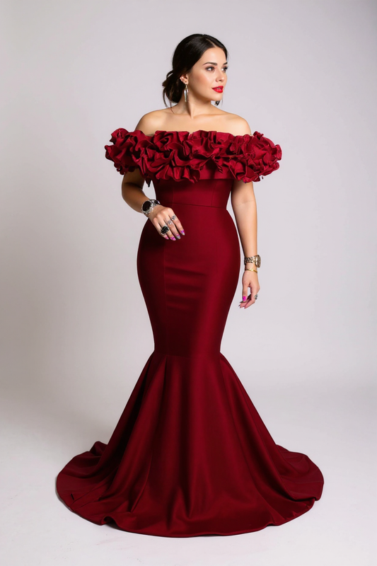 Woman wearing a burgundy off-shoulder gown with floral details on a white background