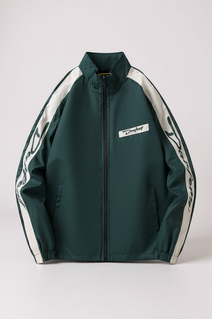 Green jacket with white accents on a light gray background