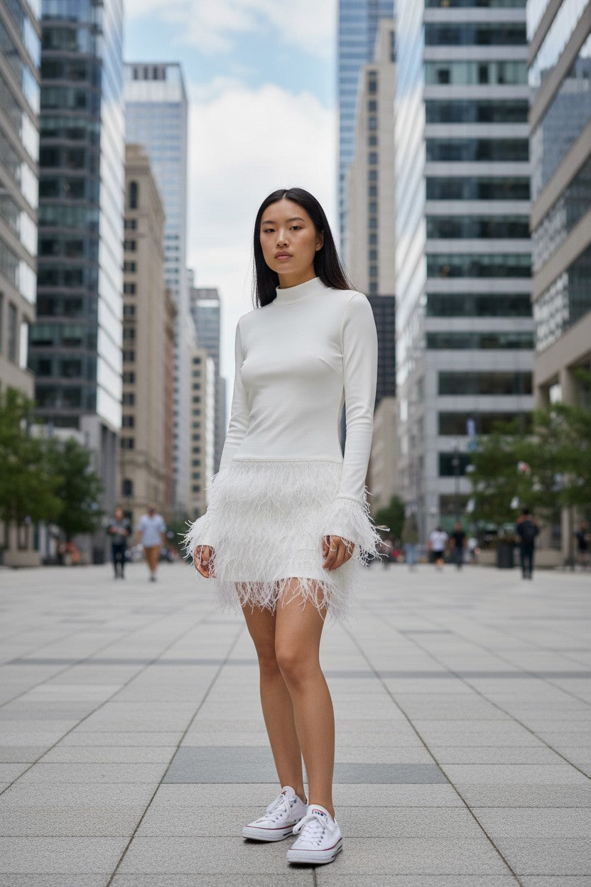 2026 Elegant Women's Furry Splice Turtleneck Dress – Slim Long Sleeve Party Outfit