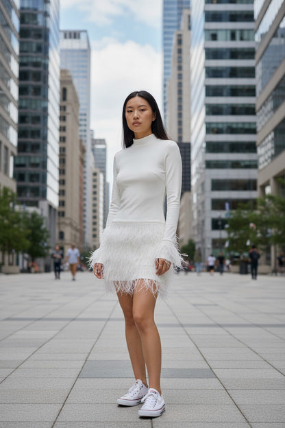 2026 Elegant Women's Furry Splice Turtleneck Dress – Slim Long Sleeve Party Outfit