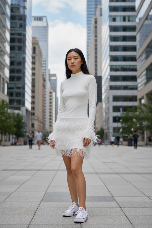 2026 Elegant Women's Furry Splice Turtleneck Dress – Slim Long Sleeve Party Outfit