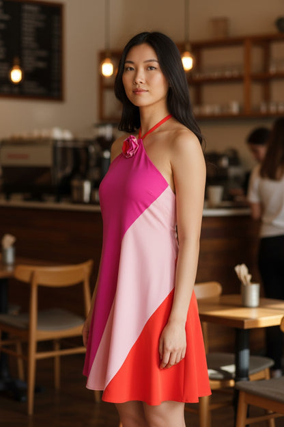 Women’s Colorblock Halter Backless Floral A-Line Mini Dress