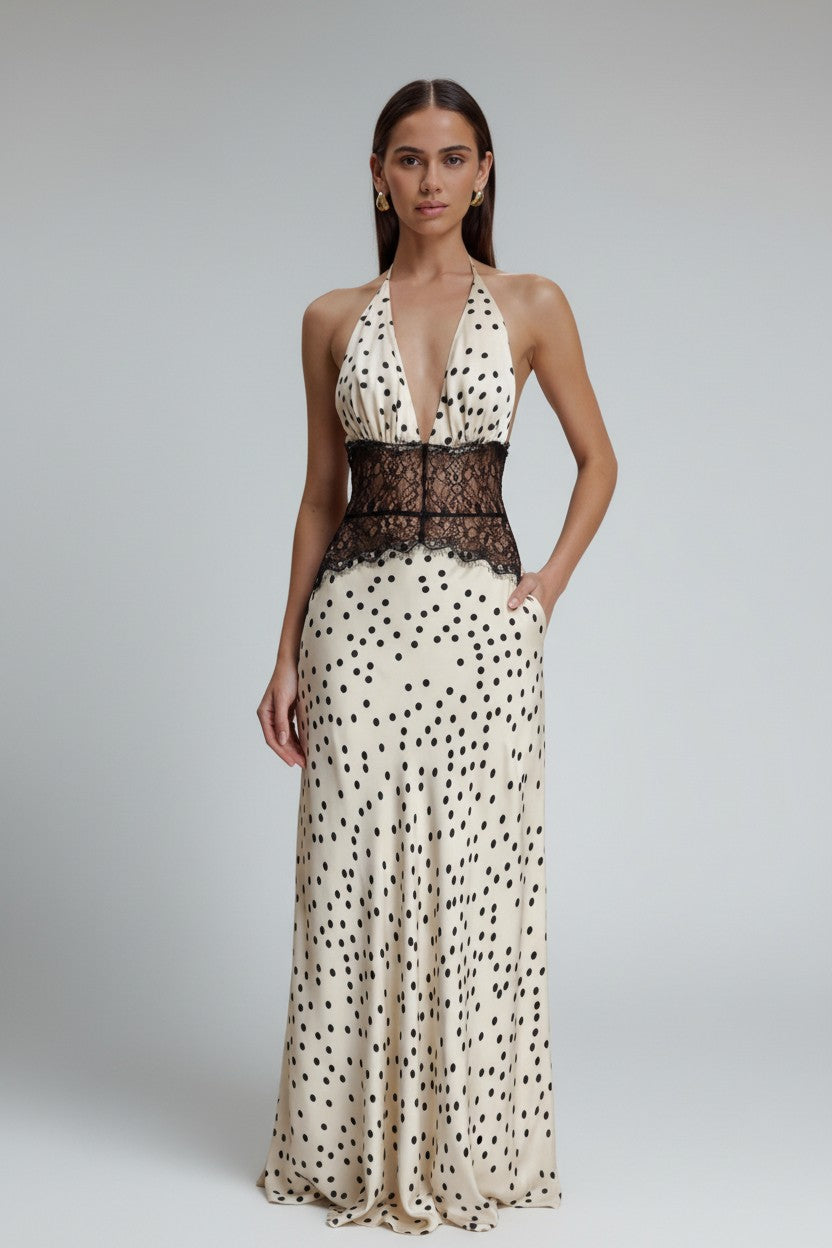 Women's Halter Backless Patchwork Polka Dot Maxi Dress