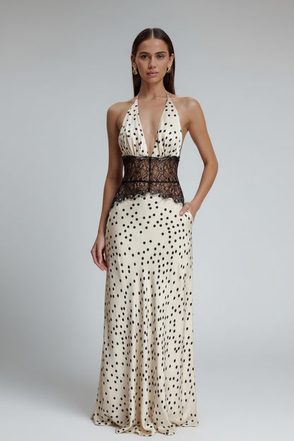 Women's Halter Backless Patchwork Polka Dot Maxi Dress