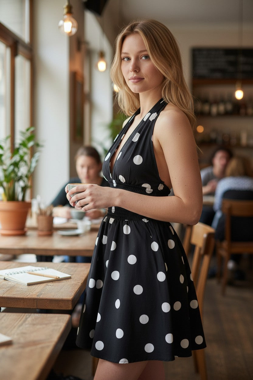 Women’s Halter V-Neck Dot Print A-Line Mini Dress