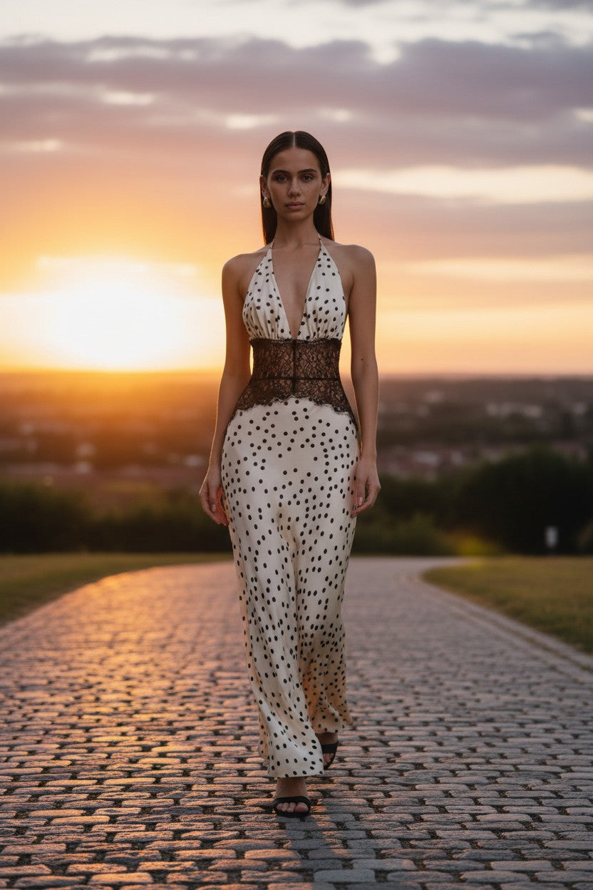 Women's Halter Backless Patchwork Polka Dot Maxi Dress