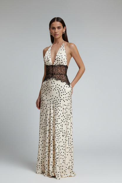 Women's Halter Backless Patchwork Polka Dot Maxi Dress