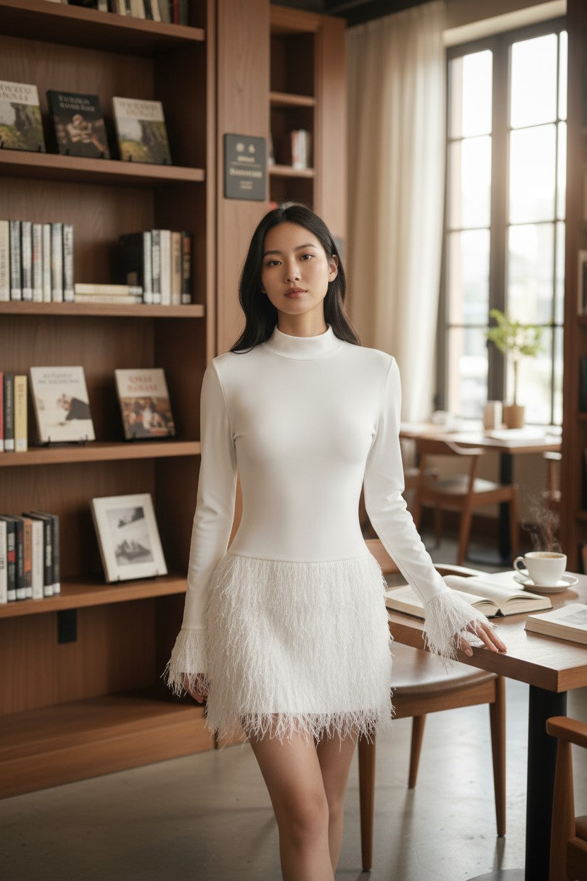 2026 Elegant Women's Furry Splice Turtleneck Dress – Slim Long Sleeve Party Outfit
